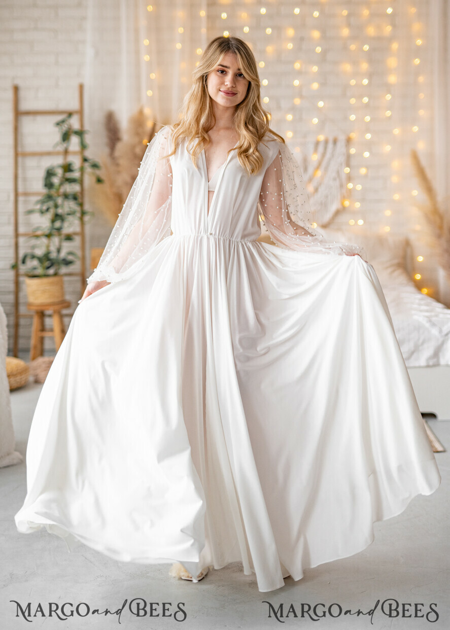 BRIDE bolero, robes, garter Bridal Robes Long Bridal robe for wedding with wide tulle sleeves, Silk Bride robe Long white robe Satin silk boudoir robe Dressing gown Bridesmaid gift