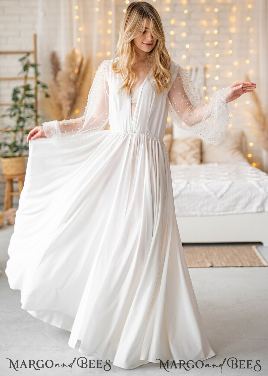 BRIDE bolero, robes, garter Bridal Robes Long Bridal robe for wedding with wide tulle sleeves, Silk Bride robe Long white robe Satin silk boudoir robe Dressing gown Bridesmaid gift