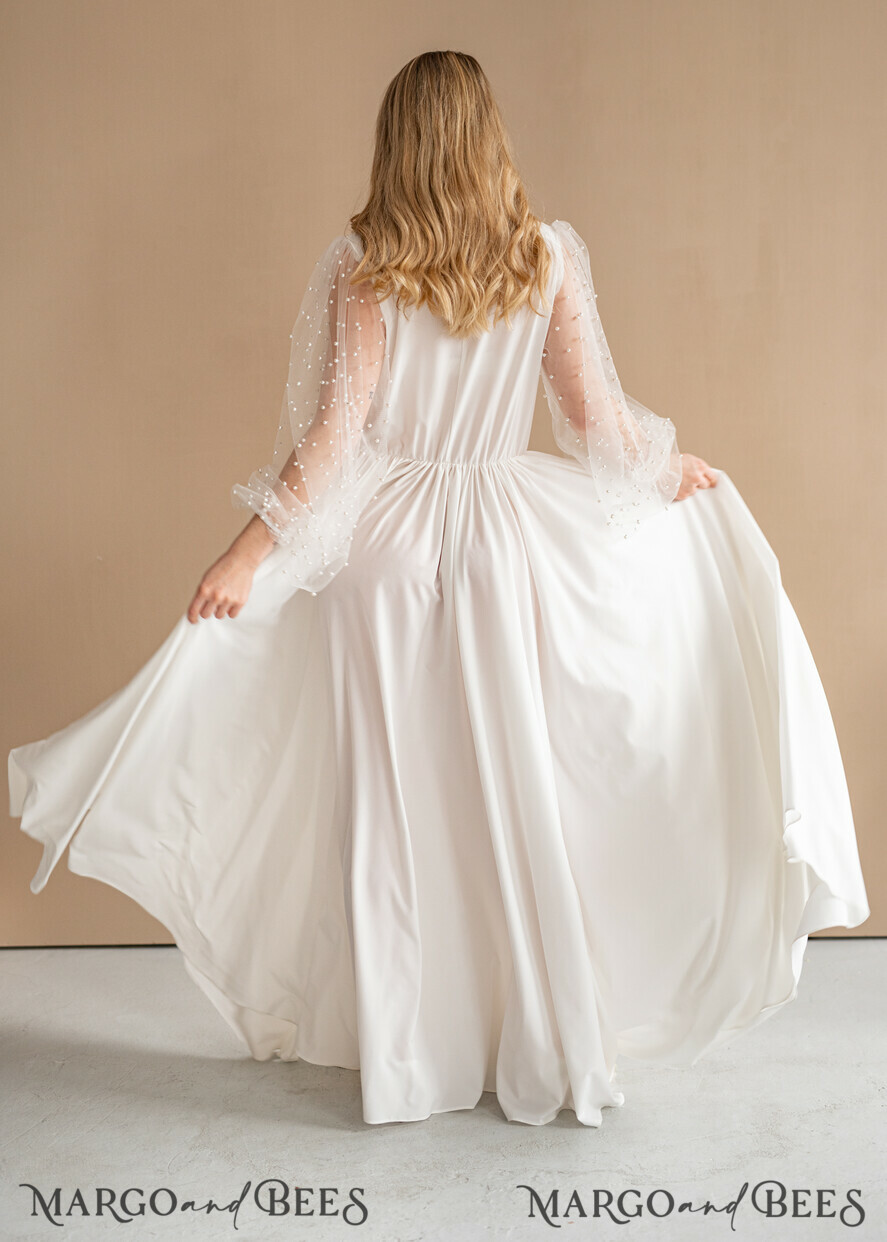BRIDE bolero, robes, garter Bridal Robes Long Bridal robe for wedding with wide tulle sleeves, Silk Bride robe Long white robe Satin silk boudoir robe Dressing gown Bridesmaid gift