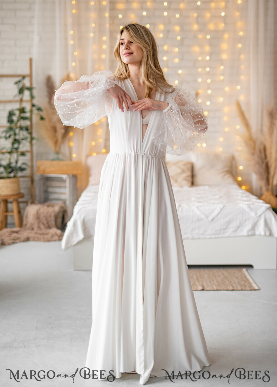 BRIDE bolero, robes, garter Bridal Robes Long Bridal robe for wedding with wide tulle sleeves, Silk Bride robe Long white robe Satin silk boudoir robe Dressing gown Bridesmaid gift