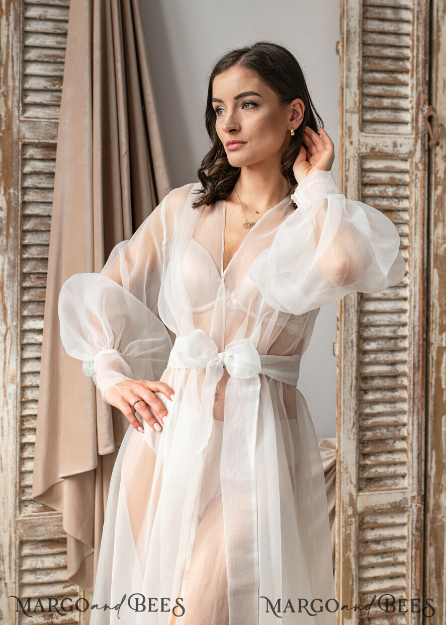 BRIDE bolero, robes, garter Bridal Robes Bridal robe for wedding with bishop sleeves Bride robe Long white robe organza boudoir robe Dressing gown Bridesmaid gift