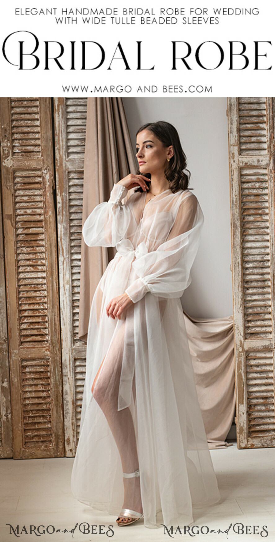 BRIDE bolero, robes, garter Bridal Robes Bridal robe for wedding with bishop sleeves Bride robe Long white robe organza boudoir robe Dressing gown Bridesmaid gift