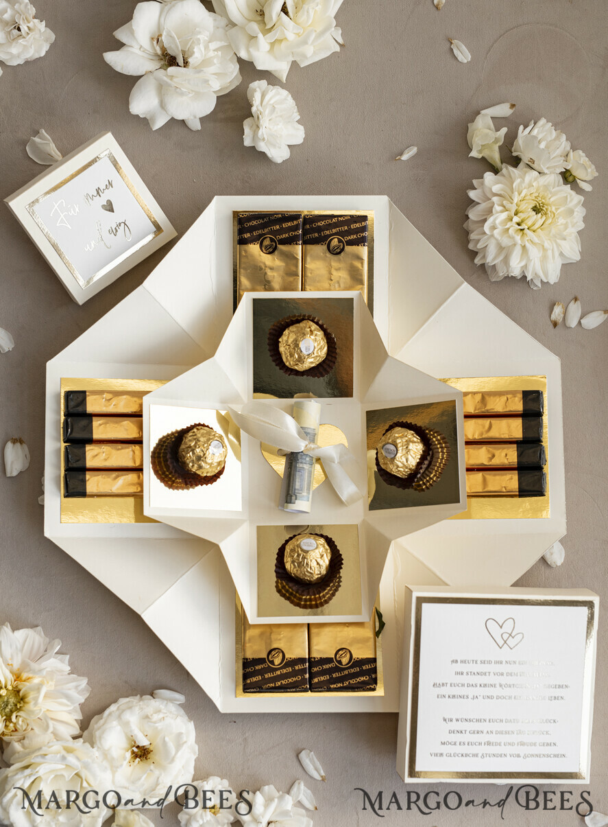NEWLY WEDS COUPLE GIFTS Geldgeschenk zur Hochzeit Kleines Geldgeschenk zur Hochzeit – Exploding Box mit Pralinen und persönlichem Gruß