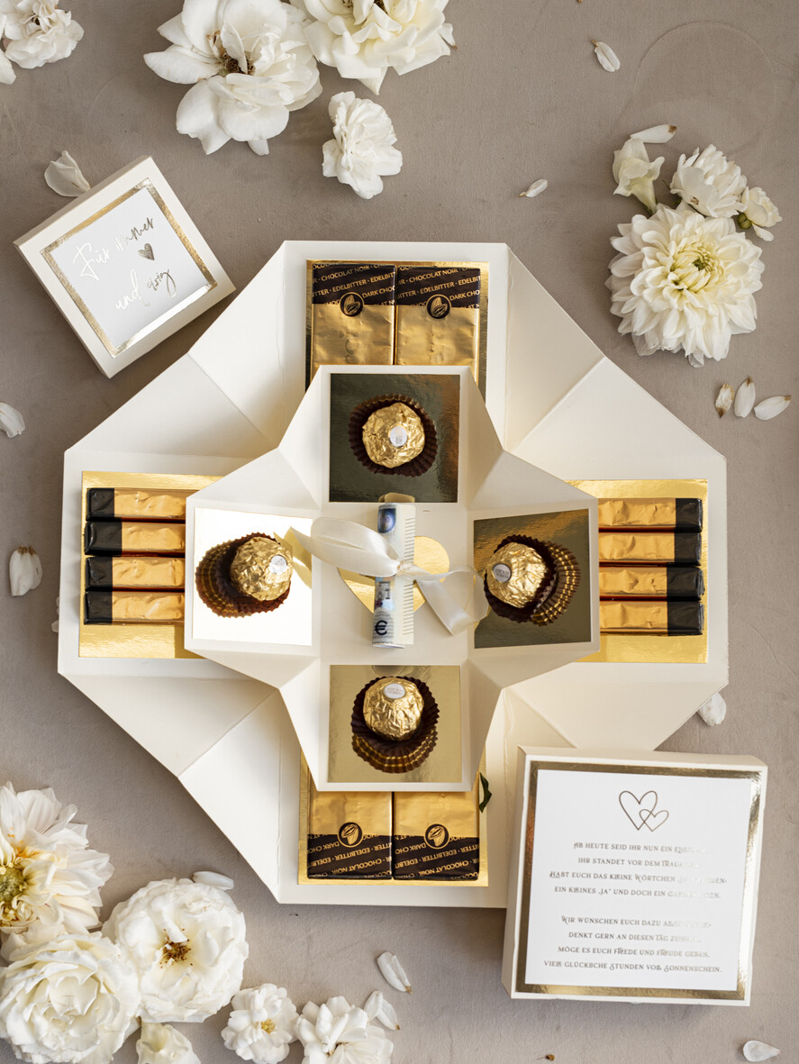 NEWLY WEDS COUPLE GIFTS Geldgeschenk zur Hochzeit Kleines Geldgeschenk zur Hochzeit – Exploding Box mit Pralinen und persönlichem Gruß