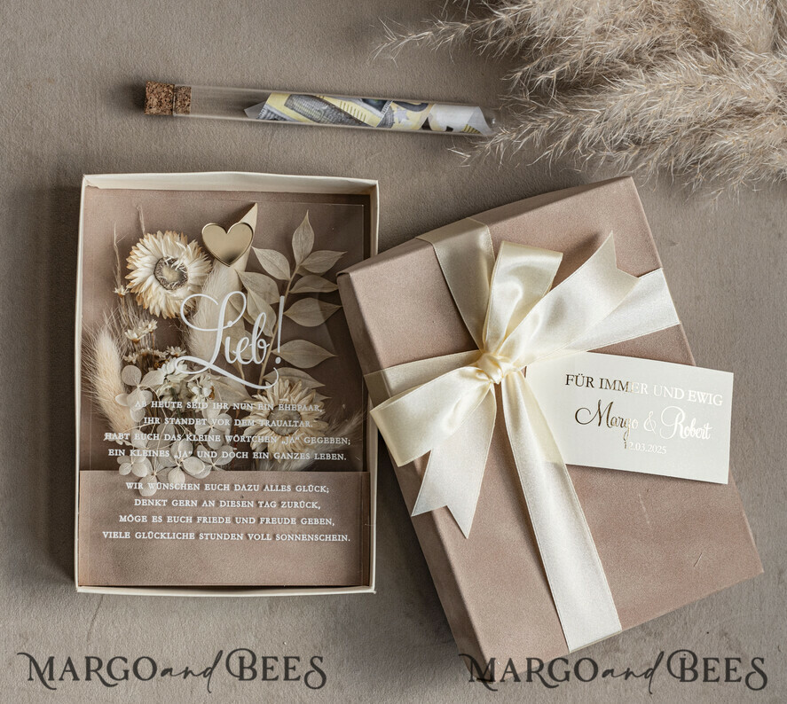 FRISCH VERHEIRATETES PAAR GESCHENKE Geldgeschenk zur Hochzeit Geschenkschachtel für Geld Geldgeschenk zur Hochzeit mit Strauß aus Trockenblumen personalisiert