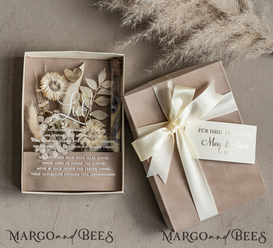 FRISCH VERHEIRATETES PAAR GESCHENKE Geldgeschenk zur Hochzeit Geschenkschachtel für Geld Geldgeschenk zur Hochzeit mit Strauß aus Trockenblumen personalisiert