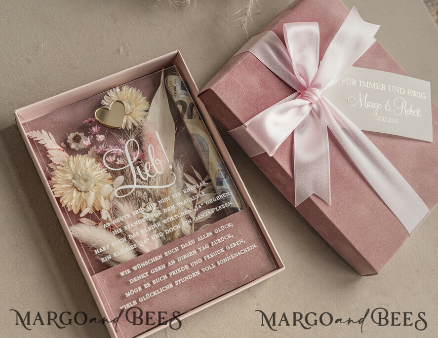 FRISCH VERHEIRATETES PAAR GESCHENKE Geldgeschenk zur Hochzeit Geschenkschachtel für Geld Geldgeschenk zur Hochzeit mit Strauß aus Trockenblumen personalisiert