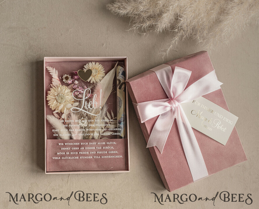 FRISCH VERHEIRATETES PAAR GESCHENKE Geldgeschenk zur Hochzeit Geschenkschachtel für Geld Geldgeschenk zur Hochzeit mit Strauß aus Trockenblumen personalisiert