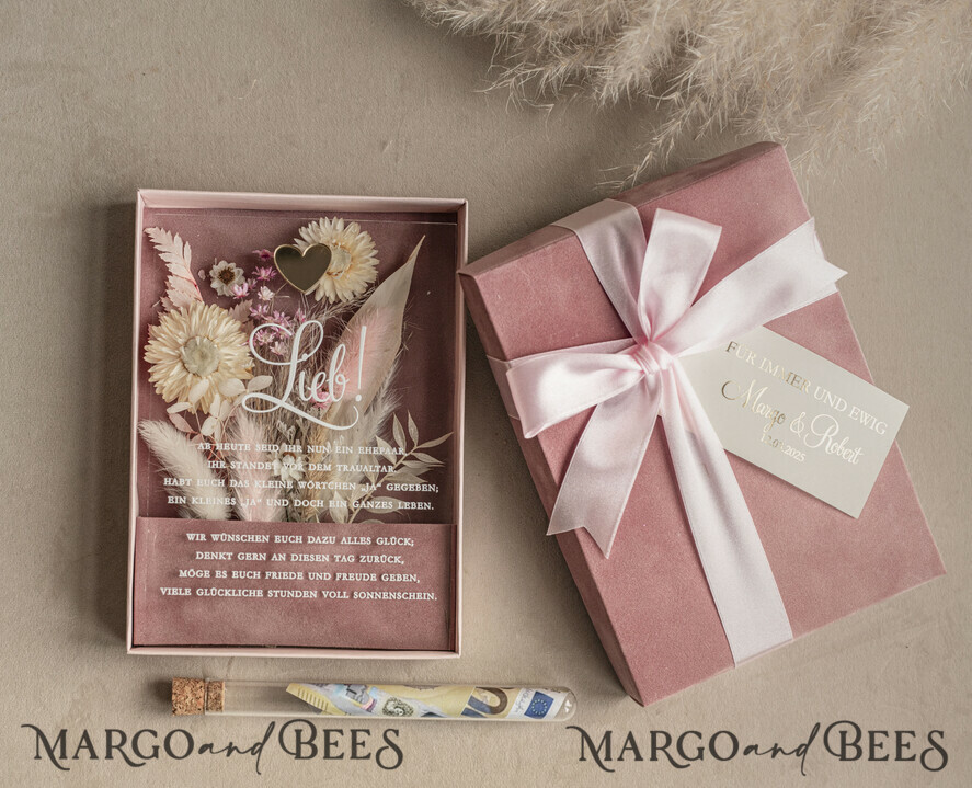 FRISCH VERHEIRATETES PAAR GESCHENKE Geldgeschenk zur Hochzeit Geschenkschachtel für Geld Geldgeschenk zur Hochzeit mit Strauß aus Trockenblumen personalisiert