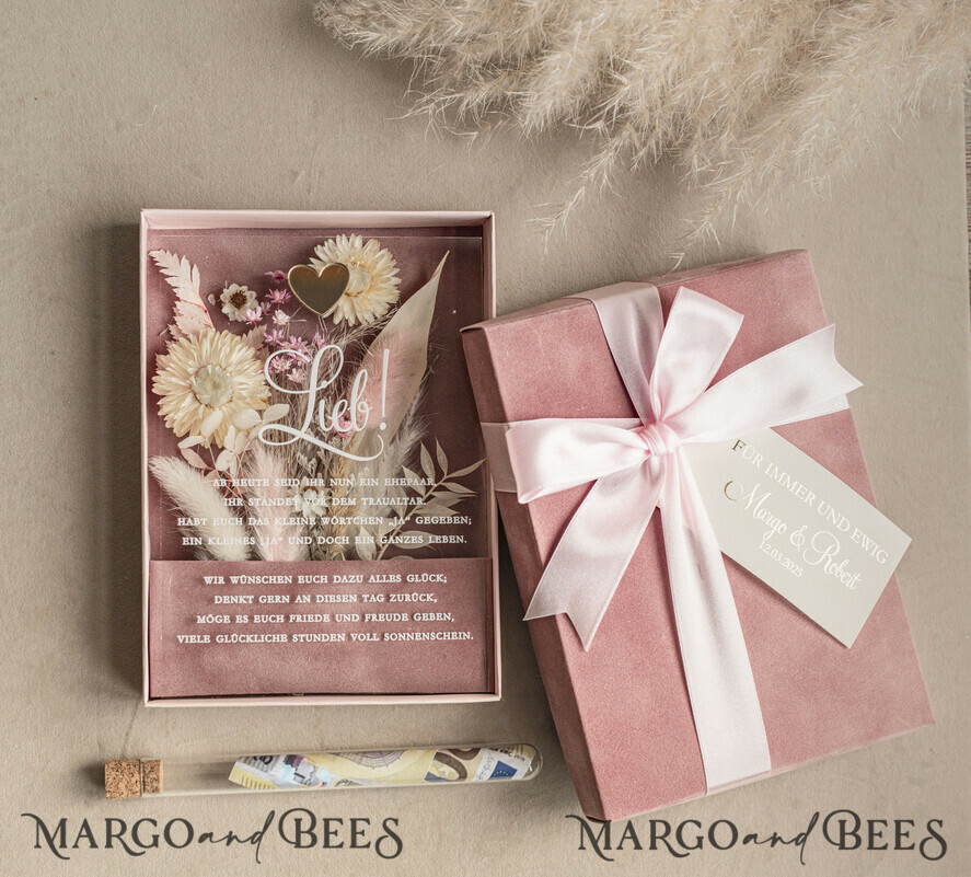 FRISCH VERHEIRATETES PAAR GESCHENKE Geldgeschenk zur Hochzeit Geschenkschachtel für Geld Geldgeschenk zur Hochzeit mit Strauß aus Trockenblumen personalisiert