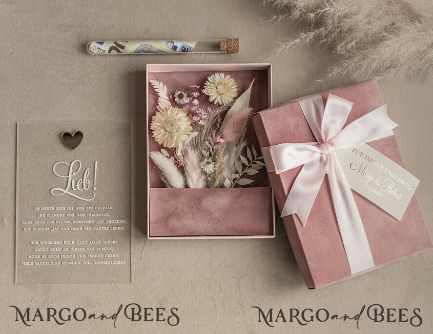 FRISCH VERHEIRATETES PAAR GESCHENKE Geldgeschenk zur Hochzeit Geschenkschachtel für Geld Geldgeschenk zur Hochzeit mit Strauß aus Trockenblumen personalisiert
