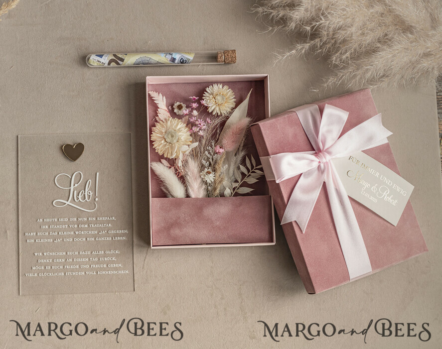 FRISCH VERHEIRATETES PAAR GESCHENKE Geldgeschenk zur Hochzeit Geschenkschachtel für Geld Geldgeschenk zur Hochzeit mit Strauß aus Trockenblumen personalisiert