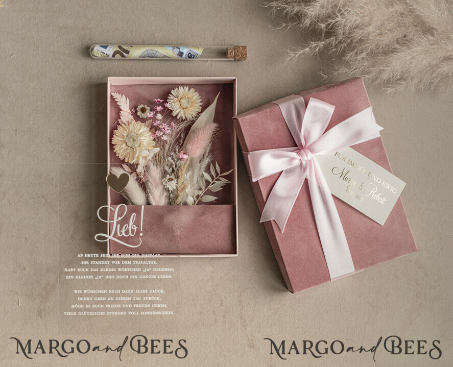 FRISCH VERHEIRATETES PAAR GESCHENKE Geldgeschenk zur Hochzeit Geschenkschachtel für Geld Geldgeschenk zur Hochzeit mit Strauß aus Trockenblumen personalisiert