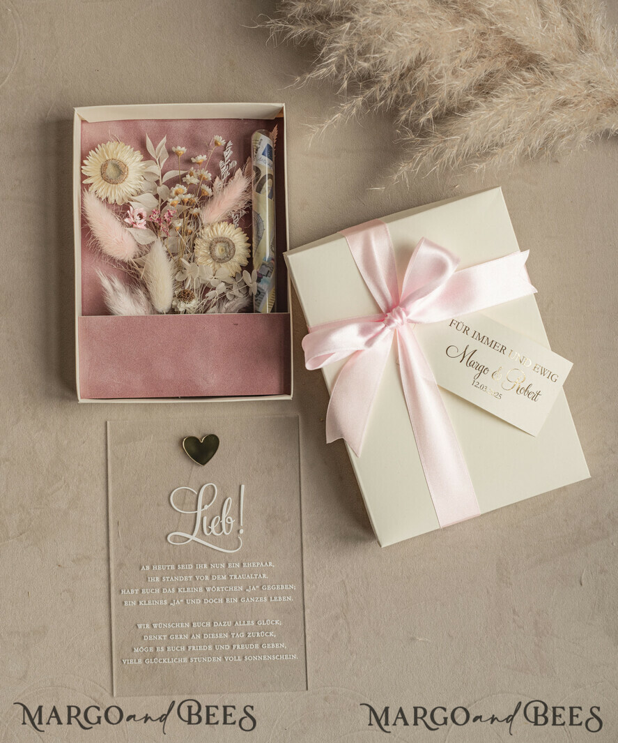 FRISCH VERHEIRATETES PAAR GESCHENKE Geldgeschenk zur Hochzeit Geschenkschachtel für Geld Geldgeschenk zur Hochzeit mit Strauß aus Trockenblumen personalisiert, Reagenzglas für Geld.