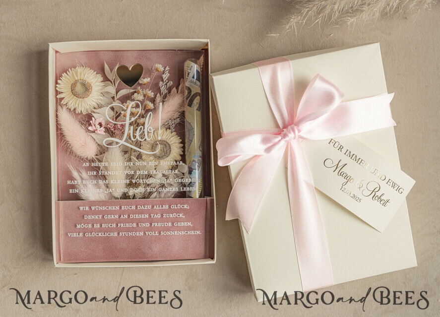 FRISCH VERHEIRATETES PAAR GESCHENKE Geldgeschenk zur Hochzeit Geschenkschachtel für Geld Geldgeschenk zur Hochzeit mit Strauß aus Trockenblumen personalisiert, Reagenzglas für Geld.