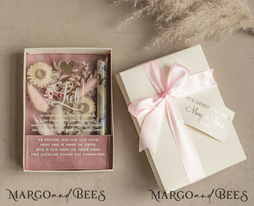 FRISCH VERHEIRATETES PAAR GESCHENKE Geldgeschenk zur Hochzeit Geschenkschachtel für Geld Geldgeschenk zur Hochzeit mit Strauß aus Trockenblumen personalisiert, Reagenzglas für Geld.