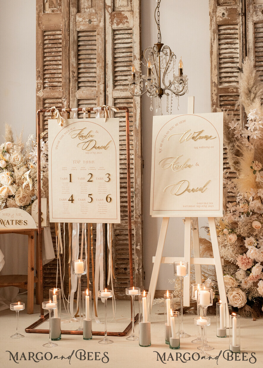 TABLE DECOR SIGNS Velvet table Numbers and Decor Acrylic Half Arch Velvet Ivory Wedding Table Numbers, Ecru gold Sign, Gold Plexi Table Numbers, Luxury Beige Wedding Table Decor, Wedding Signage Golden mirror table numbers
