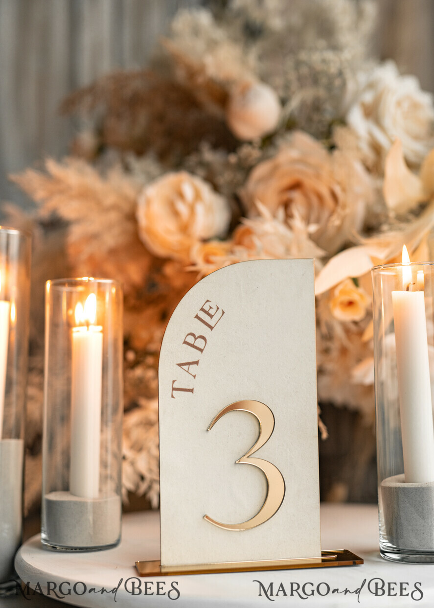TABLE DECOR SIGNS Velvet table Numbers and Decor Acrylic Half Arch Velvet Ivory Wedding Table Numbers, Ecru gold Sign, Gold Plexi Table Numbers, Luxury Beige Wedding Table Decor, Wedding Signage Golden mirror table numbers