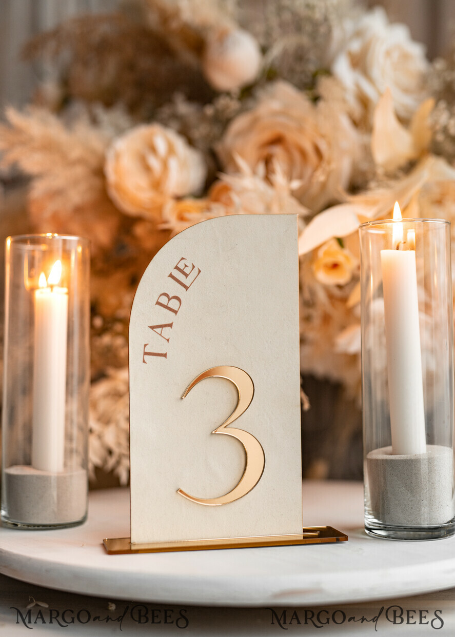 TABLE DECOR SIGNS Velvet table Numbers and Decor Acrylic Half Arch Velvet Ivory Wedding Table Numbers, Ecru gold Sign, Gold Plexi Table Numbers, Luxury Beige Wedding Table Decor, Wedding Signage Golden mirror table numbers