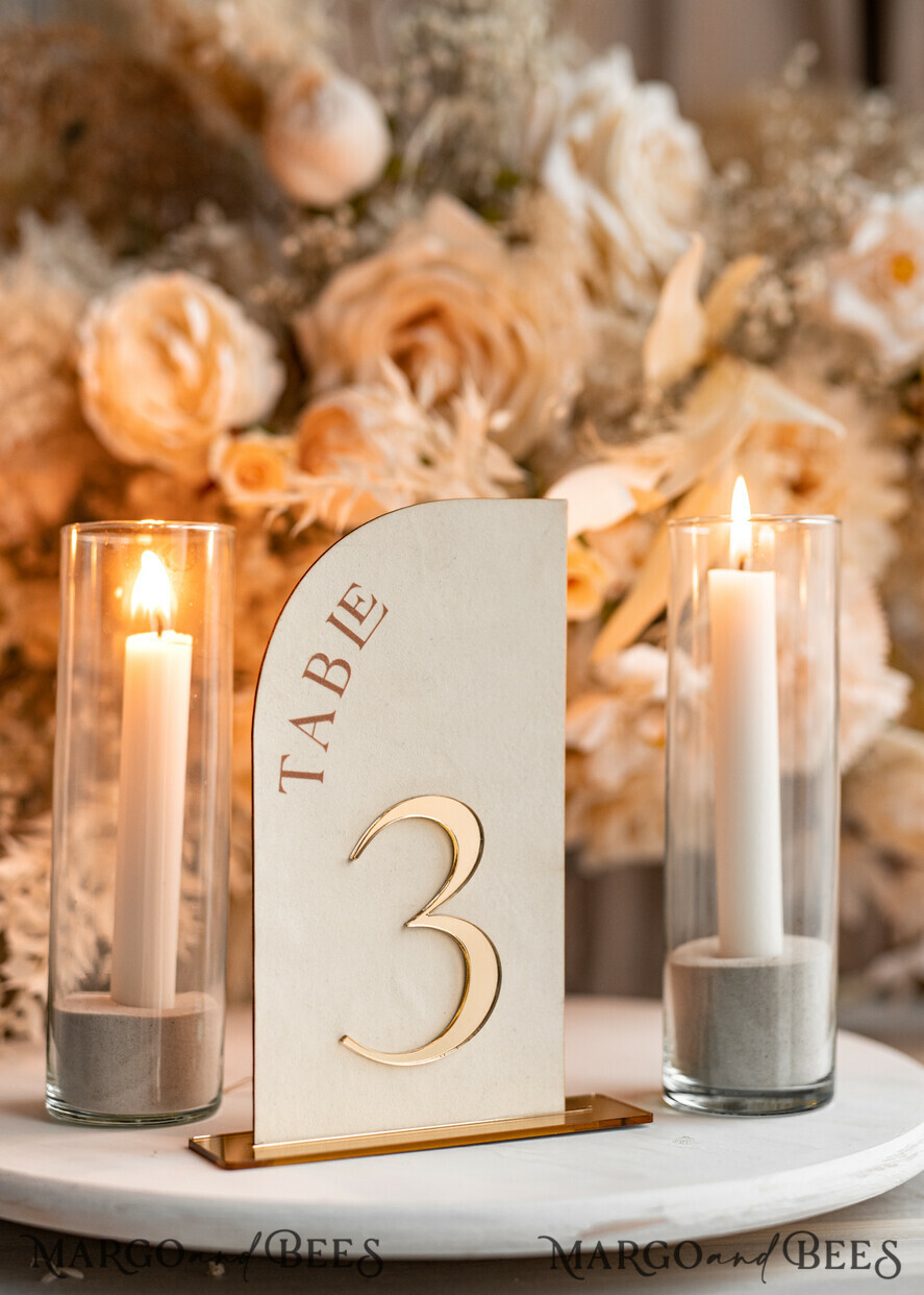 TABLE DECOR SIGNS Velvet table Numbers and Decor Acrylic Half Arch Velvet Ivory Wedding Table Numbers, Ecru gold Sign, Gold Plexi Table Numbers, Luxury Beige Wedding Table Decor, Wedding Signage Golden mirror table numbers