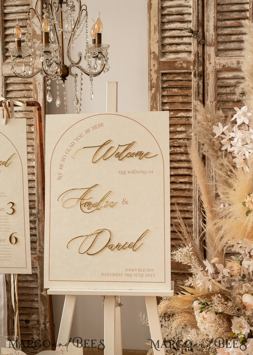 TISCHDEKORATIONSCHILDER Samt Tischnummern und Dekoration Acrylbogen Tischnummer & Dinner-Menü-Kombination, gefrorenes Elfenbein-Acryl-Gold-Schild, goldene gefrostete Plexi-Velours-Tischnummern & Menü-Kombination, luxuriöse Hochzeits-Tischdekoration, Hochzeitsbeschilderung goldene Spiegeltischnummern & Menü