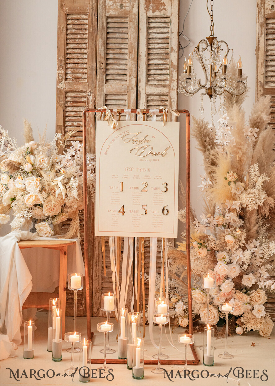 TISCHDEKORATIONSCHILDER Samt Tischnummern und Dekoration Acrylbogen Tischnummer & Dinner-Menü-Kombination, gefrorenes Elfenbein-Acryl-Gold-Schild, goldene gefrostete Plexi-Velours-Tischnummern & Menü-Kombination, luxuriöse Hochzeits-Tischdekoration, Hochzeitsbeschilderung goldene Spiegeltischnummern & Menü