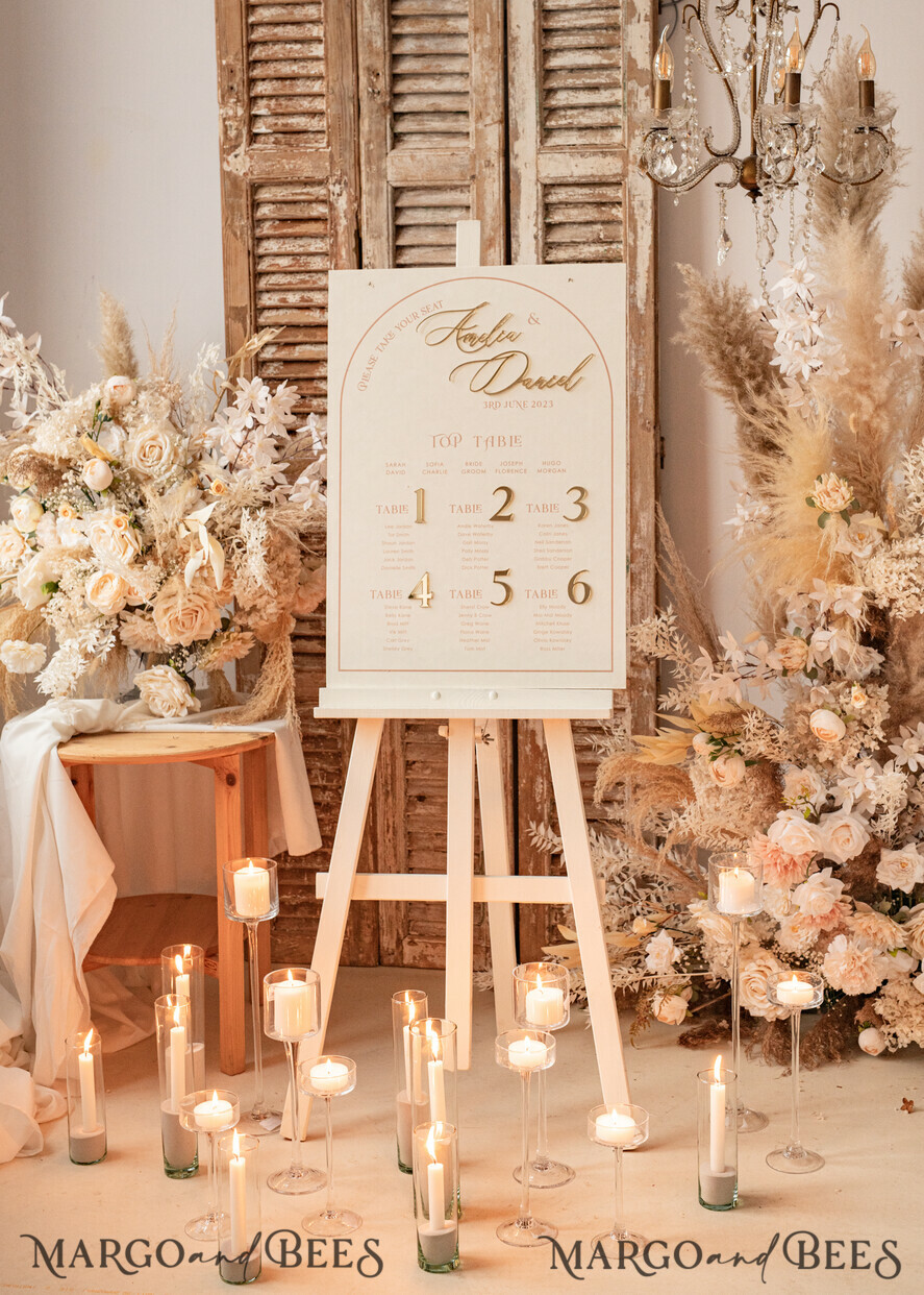 TISCHDEKORATIONSCHILDER Samt Tischnummern und Dekoration Acrylbogen Tischnummer & Dinner-Menü-Kombination, gefrorenes Elfenbein-Acryl-Gold-Schild, goldene gefrostete Plexi-Velours-Tischnummern & Menü-Kombination, luxuriöse Hochzeits-Tischdekoration, Hochzeitsbeschilderung goldene Spiegeltischnummern & Menü