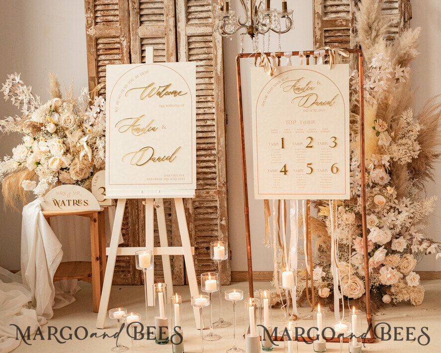 TISCHDEKORATIONSCHILDER Samt Tischnummern und Dekoration Acrylbogen Tischnummer & Dinner-Menü-Kombination, gefrorenes Elfenbein-Acryl-Gold-Schild, goldene gefrostete Plexi-Velours-Tischnummern & Menü-Kombination, luxuriöse Hochzeits-Tischdekoration, Hochzeitsbeschilderung goldene Spiegeltischnummern & Menü