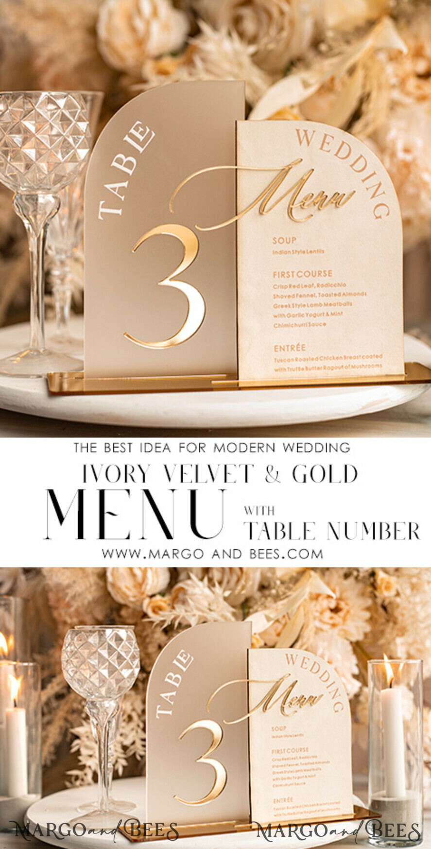 TISCHDEKORATIONSCHILDER Samt Tischnummern und Dekoration Acrylbogen Tischnummer & Dinner-Menü-Kombination, gefrorenes Elfenbein-Acryl-Gold-Schild, goldene gefrostete Plexi-Velours-Tischnummern & Menü-Kombination, luxuriöse Hochzeits-Tischdekoration, Hochzeitsbeschilderung goldene Spiegeltischnummern & Menü