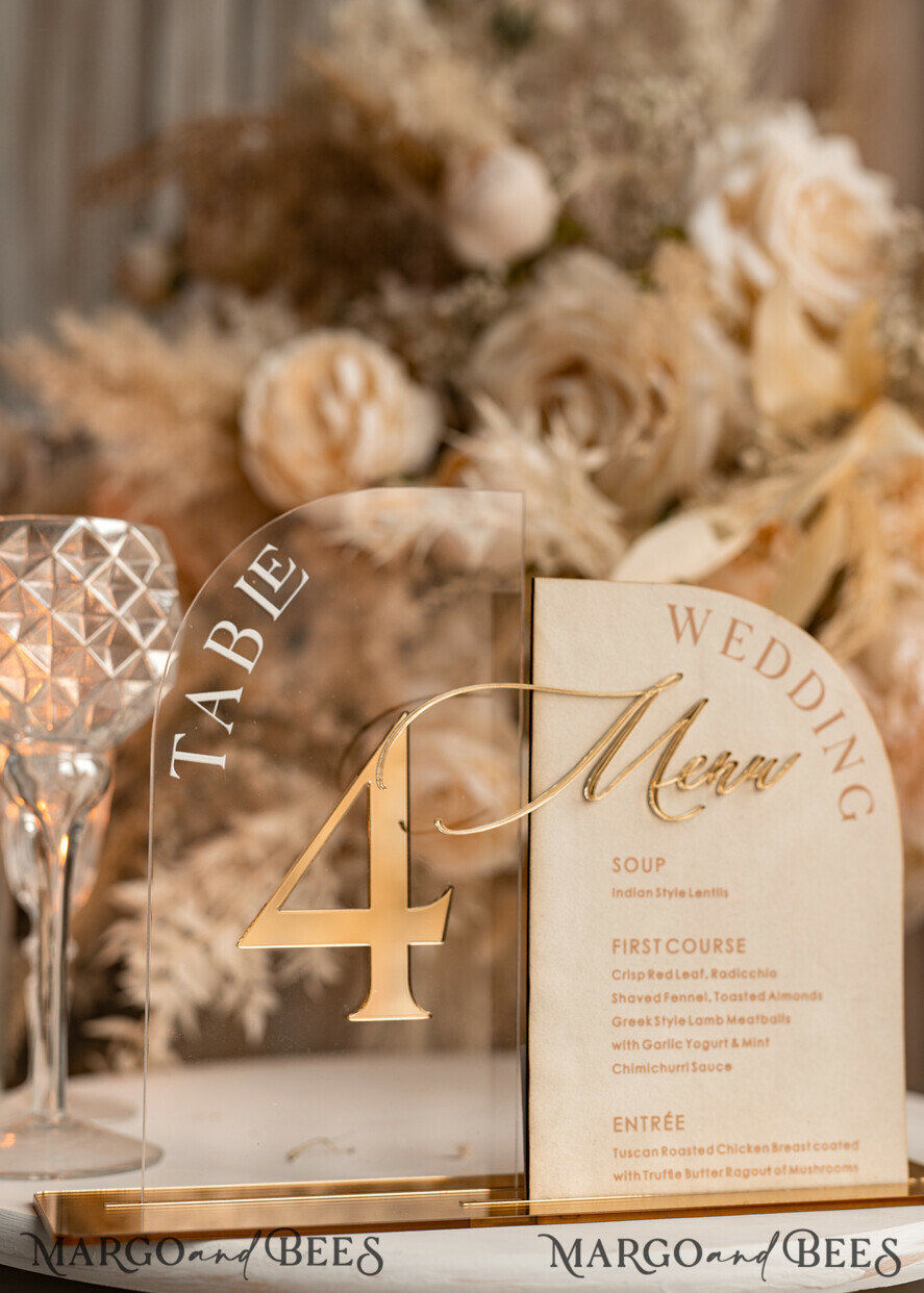 TABLE DECOR SIGNS Velvet table Numbers and Decor Acrylic Arch Table Number & dinner menu Combo, Clear Ivory Acrylic gold Sign, Gold Plexi Velvet Table Numbers & Menu Combo Luxury Wedding Table Decor, Wedding Signage Golden mirror table numbers & Menu