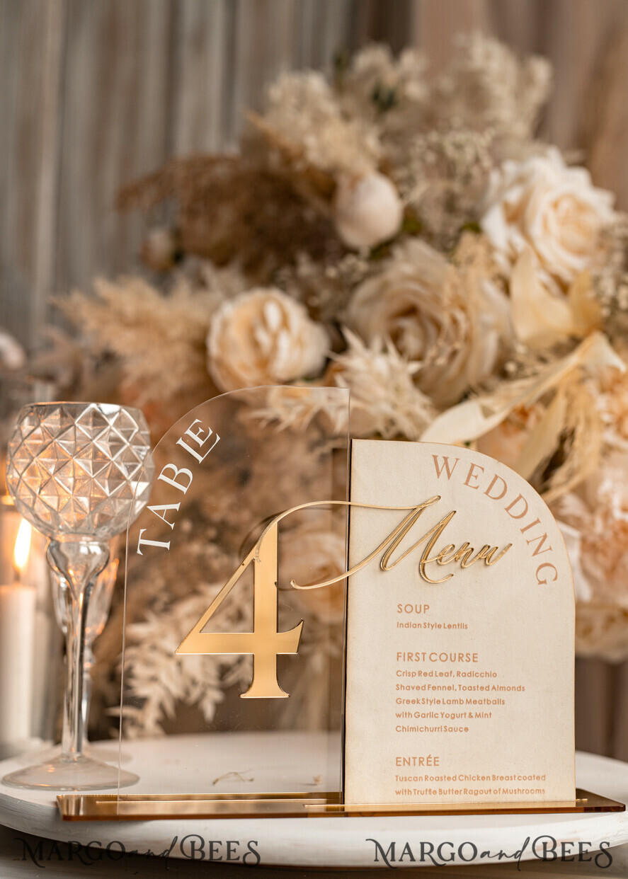 TABLE DECOR SIGNS Velvet table Numbers and Decor Acrylic Arch Table Number & dinner menu Combo, Clear Ivory Acrylic gold Sign, Gold Plexi Velvet Table Numbers & Menu Combo Luxury Wedding Table Decor, Wedding Signage Golden mirror table numbers & Menu