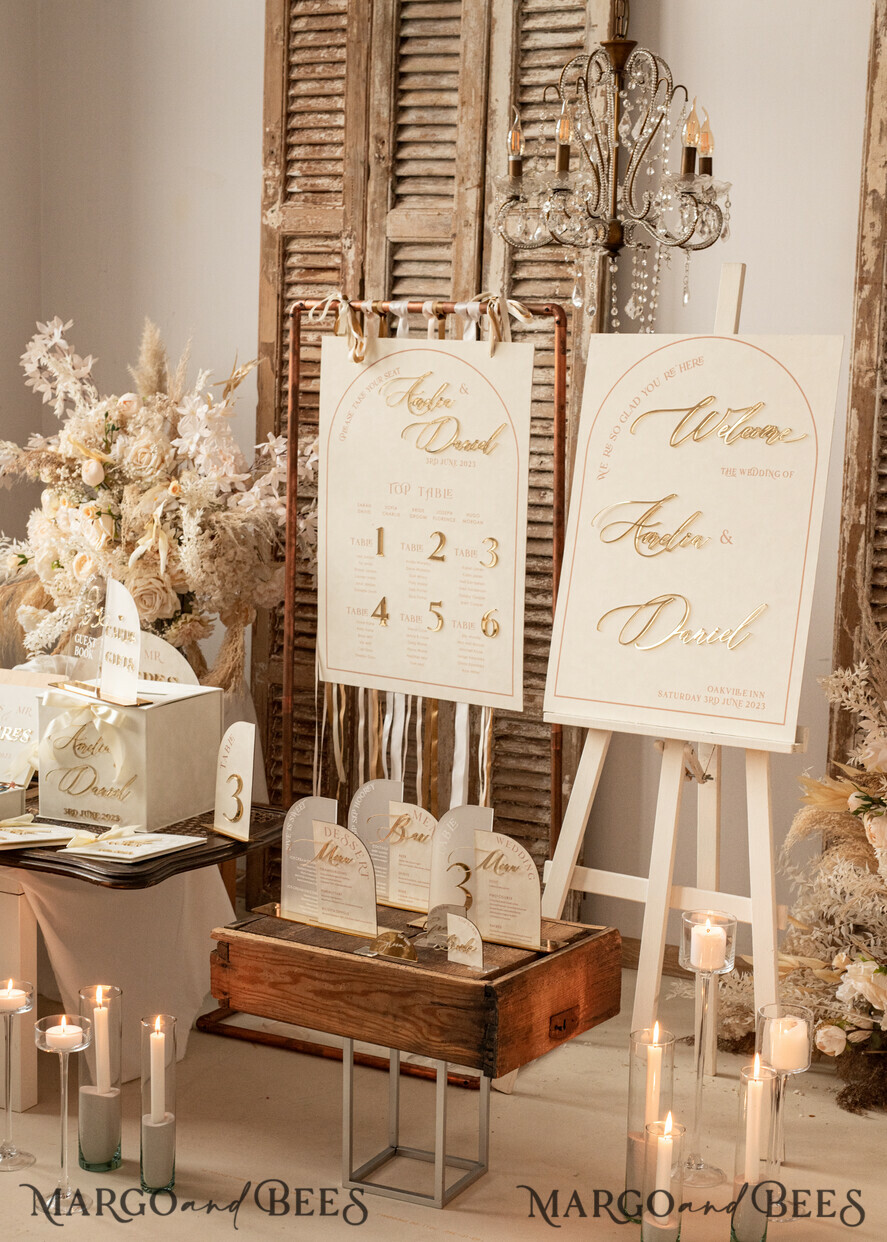 TABLE DECOR SIGNS Velvet table Numbers and Decor Acrylic Arch Table Number & dinner menu Combo, Clear Ivory Acrylic gold Sign, Gold Plexi Velvet Table Numbers & Menu Combo Luxury Wedding Table Decor, Wedding Signage Golden mirror table numbers & Menu