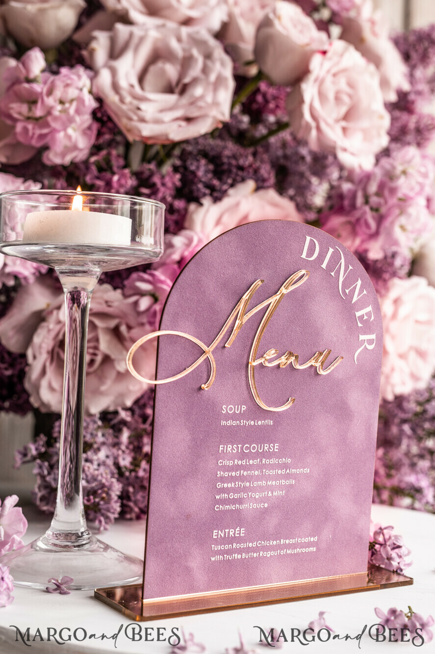 TABLE DECOR SIGNS Velvet table Numbers and Decor Acrylic & Velvet Arch Dinner Menu, gold Plexi Mauve Wedding Menu Sign with Stand, Dusty Rose Plexi Table Dinner Menu Luxury Purple Wedding Table Decor