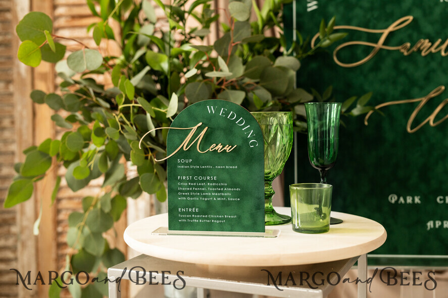 TABLE DECOR SIGNS Velvet table Numbers and Decor Acrylic & Velvet Arch Dinner Menu, gold Plexi Green Wedding Menu Sign with Stand, Green Plexi Table Dinner Menu Luxury Purple Wedding Table Decor