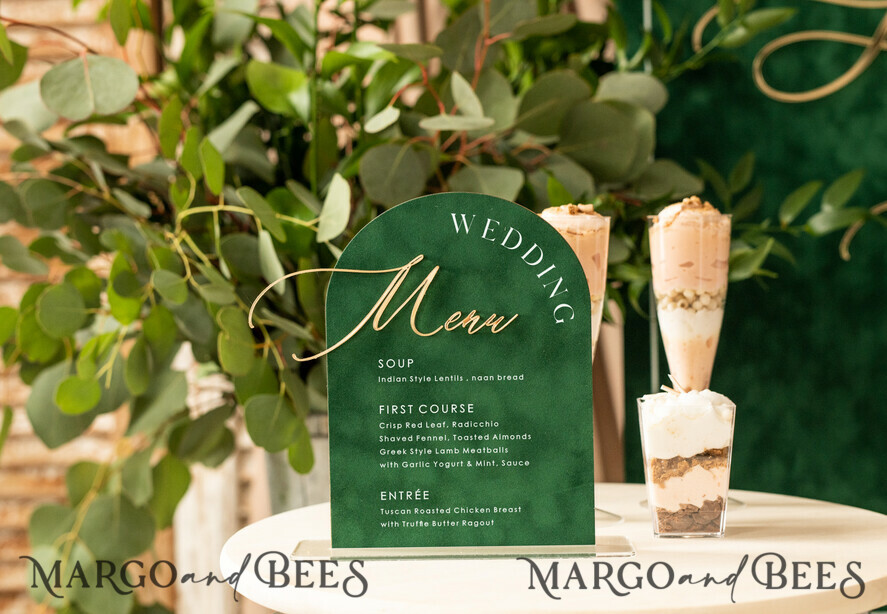 TABLE DECOR SIGNS Velvet table Numbers and Decor Acrylic & Velvet Arch Dinner Menu, gold Plexi Green Wedding Menu Sign with Stand, Green Plexi Table Dinner Menu Luxury Purple Wedding Table Decor