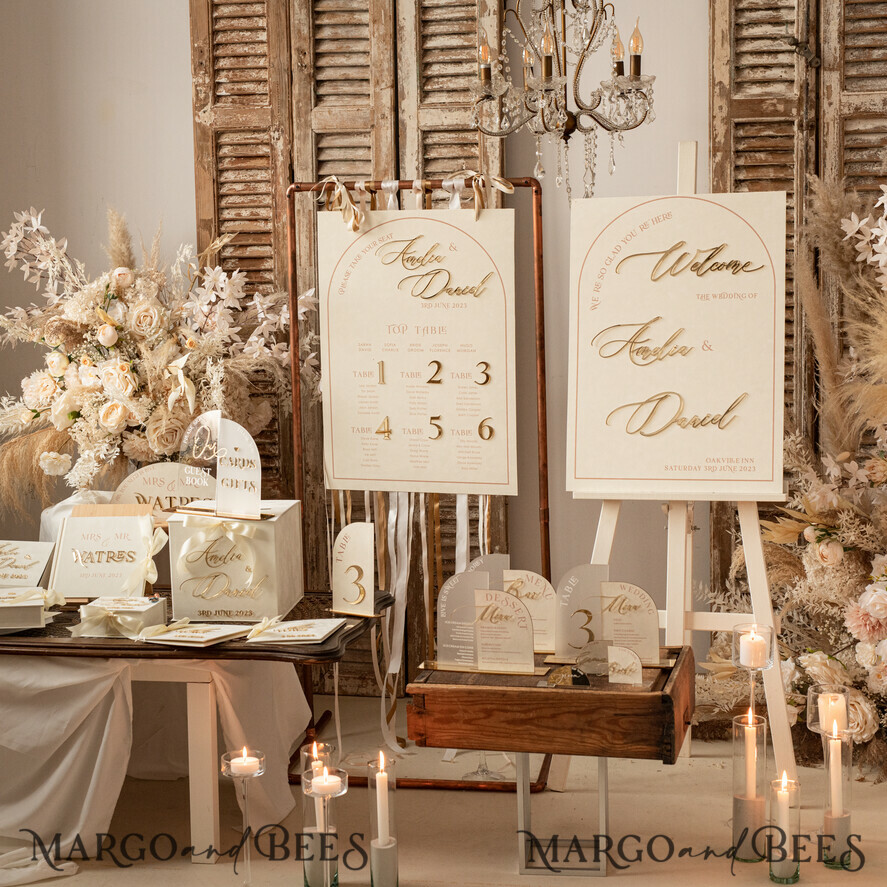 TABLE DECOR SIGNS Velvet table Numbers and Decor Acrylic Arch Table Number & dinner menu Combo, Velvet Ivory Acrylic gold Sign, Gold Ivory Plexi Velvet Table Numbers & Menu Combo Luxury Wedding Table Decor, Wedding Signage Golden mirror table numbers & Menu