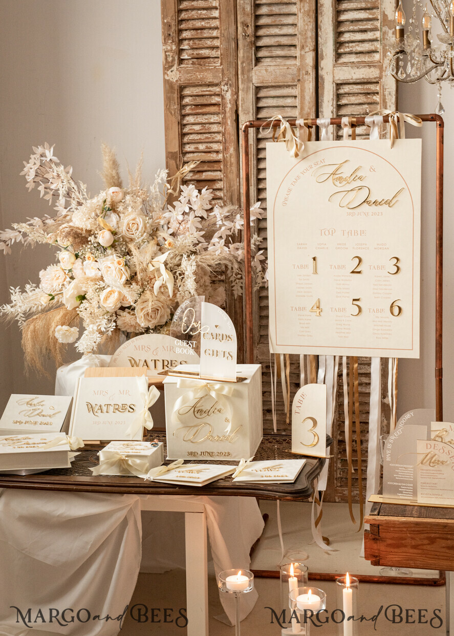 TABLE DECOR SIGNS Velvet table Numbers and Decor Acrylic Arch Table Number & dinner menu Combo, Velvet Ivory Acrylic gold Sign, Gold Ivory Plexi Velvet Table Numbers & Menu Combo Luxury Wedding Table Decor, Wedding Signage Golden mirror table numbers & Menu