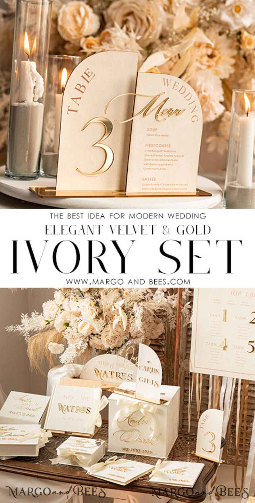 TABLE DECOR SIGNS Velvet table Numbers and Decor Acrylic Arch Table Number & dinner menu Combo, Velvet Ivory Acrylic gold Sign, Gold Ivory Plexi Velvet Table Numbers & Menu Combo Luxury Wedding Table Decor, Wedding Signage Golden mirror table numbers & Menu