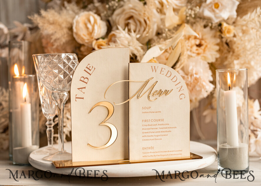 TABLE DECOR SIGNS Velvet table Numbers and Decor Acrylic Arch Table Number & dinner menu Combo, Velvet Ivory Acrylic gold Sign, Gold Ivory Plexi Velvet Table Numbers & Menu Combo Luxury Wedding Table Decor, Wedding Signage Golden mirror table numbers & Menu