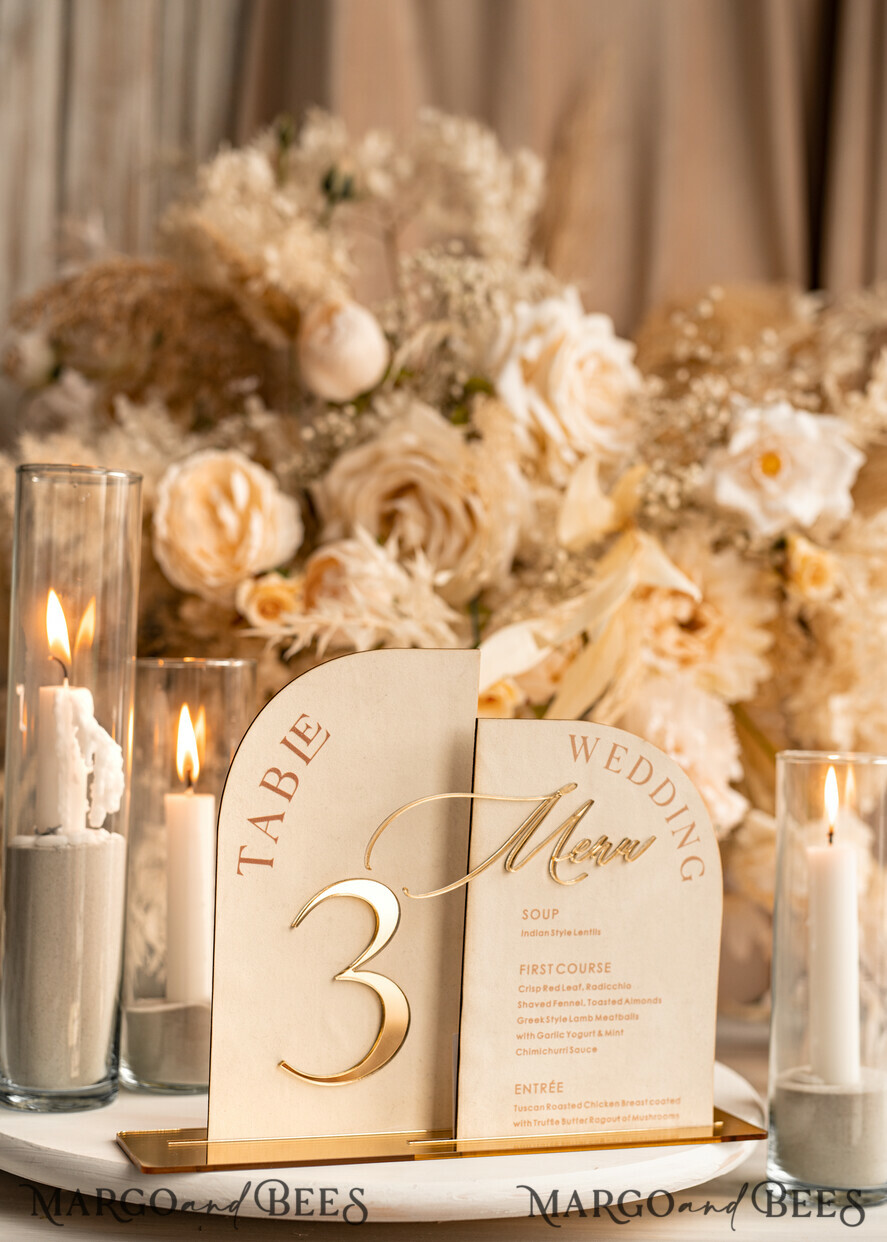 TABLE DECOR SIGNS Velvet table Numbers and Decor Acrylic Arch Table Number & dinner menu Combo, Velvet Ivory Acrylic gold Sign, Gold Ivory Plexi Velvet Table Numbers & Menu Combo Luxury Wedding Table Decor, Wedding Signage Golden mirror table numbers & Menu