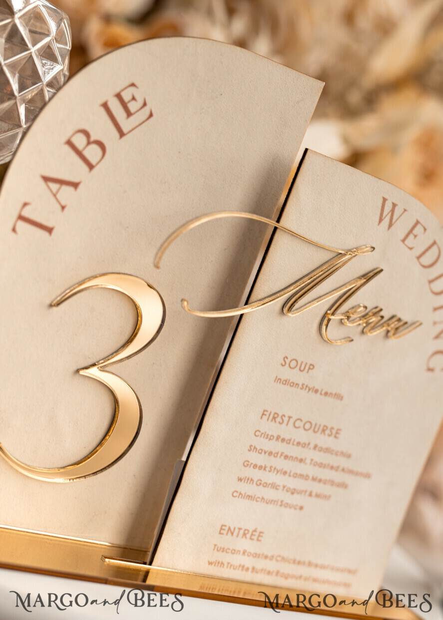 TABLE DECOR SIGNS Velvet table Numbers and Decor Acrylic Arch Table Number & dinner menu Combo, Velvet Ivory Acrylic gold Sign, Gold Ivory Plexi Velvet Table Numbers & Menu Combo Luxury Wedding Table Decor, Wedding Signage Golden mirror table numbers & Menu