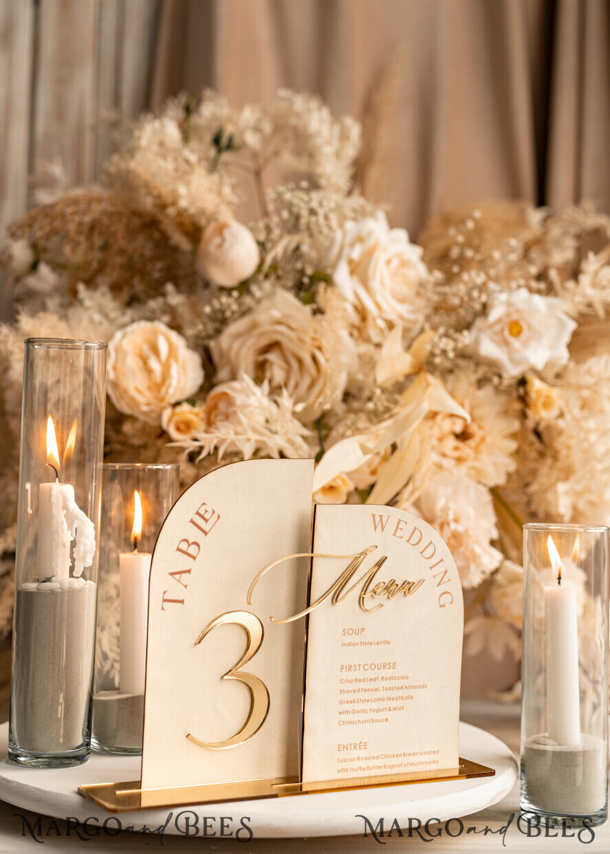 TABLE DECOR SIGNS Velvet table Numbers and Decor Acrylic Arch Table Number & dinner menu Combo, Velvet Ivory Acrylic gold Sign, Gold Ivory Plexi Velvet Table Numbers & Menu Combo Luxury Wedding Table Decor, Wedding Signage Golden mirror table numbers & Menu