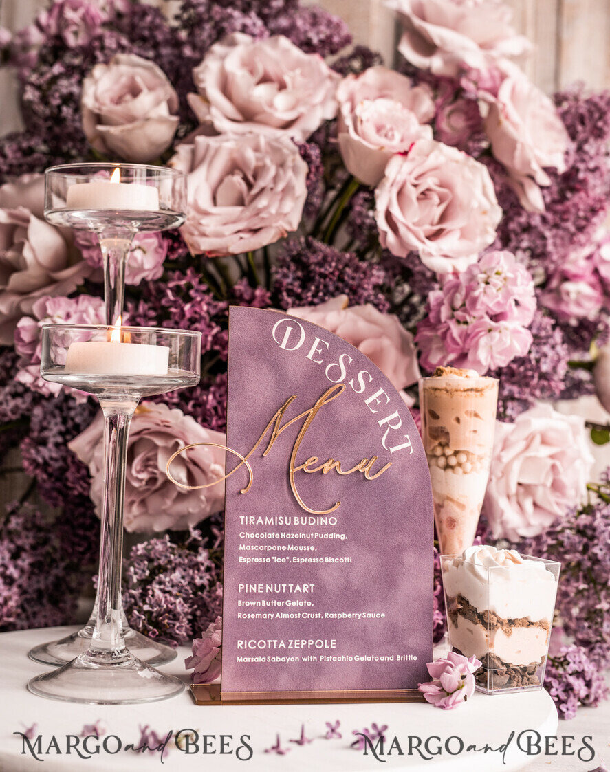 TABLE DECOR SIGNS Velvet table Numbers and Decor Mauve Velvet Arch Dessert menu, Dusty Rose Candy Sign, Gold Purple Plexi Table Arch Cake Bar Menu, Luxury Acrylic Wedding Table Decor, Wedding Signage Golden Lillac