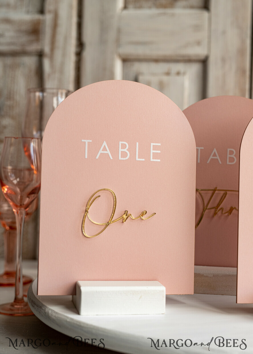 TABLE DECOR SIGNS Velvet table Numbers and Decor Pink Acrylic Table Numbers, Arched Table Numbers With Stand, Blush Pink And Gold Wedding Table Decor, 3D Golden Lettering Table Numbers, Blush Wedding Signage,