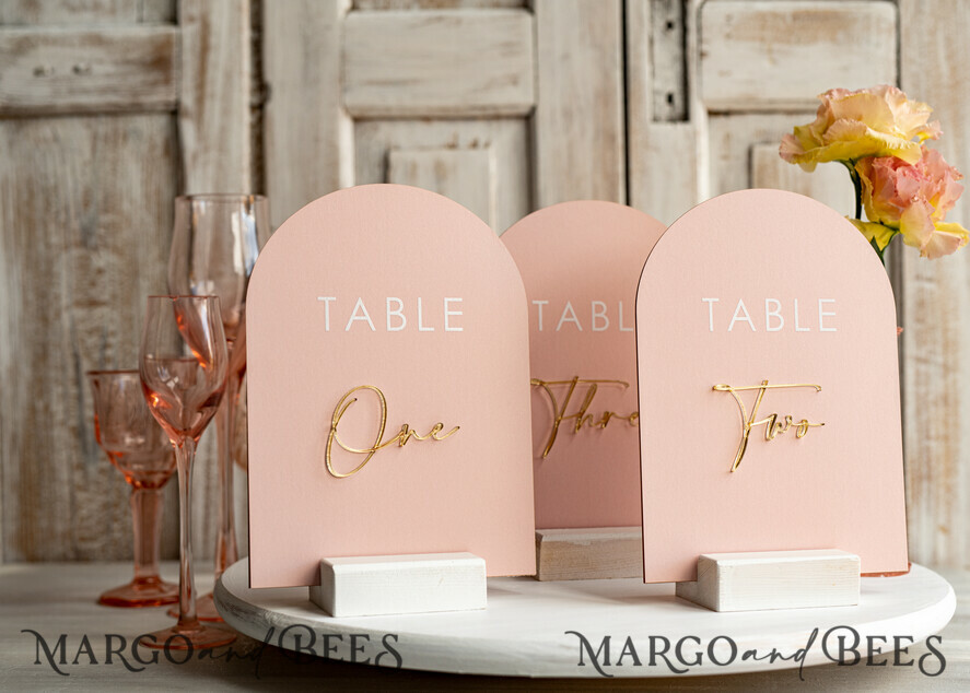 TABLE DECOR SIGNS Velvet table Numbers and Decor Pink Acrylic Table Numbers, Arched Table Numbers With Stand, Blush Pink And Gold Wedding Table Decor, 3D Golden Lettering Table Numbers, Blush Wedding Signage,