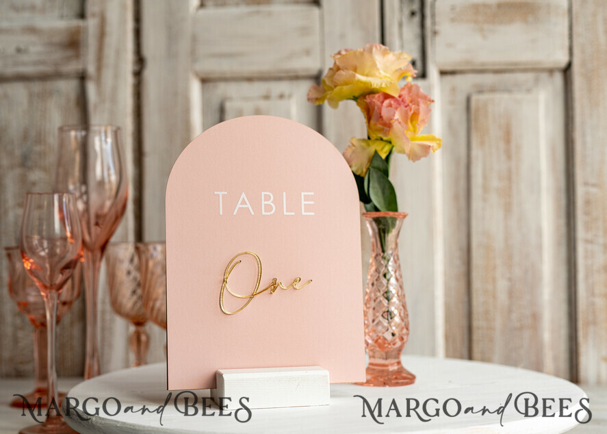TABLE DECOR SIGNS Velvet table Numbers and Decor Pink Acrylic Table Numbers, Arched Table Numbers With Stand, Blush Pink And Gold Wedding Table Decor, 3D Golden Lettering Table Numbers, Blush Wedding Signage,