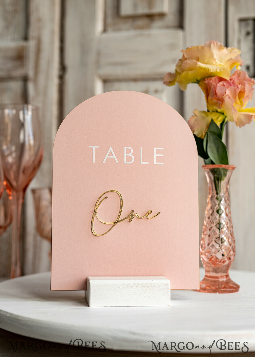 TABLE DECOR SIGNS Velvet table Numbers and Decor Pink Acrylic Table Numbers, Arched Table Numbers With Stand, Blush Pink And Gold Wedding Table Decor, 3D Golden Lettering Table Numbers, Blush Wedding Signage,