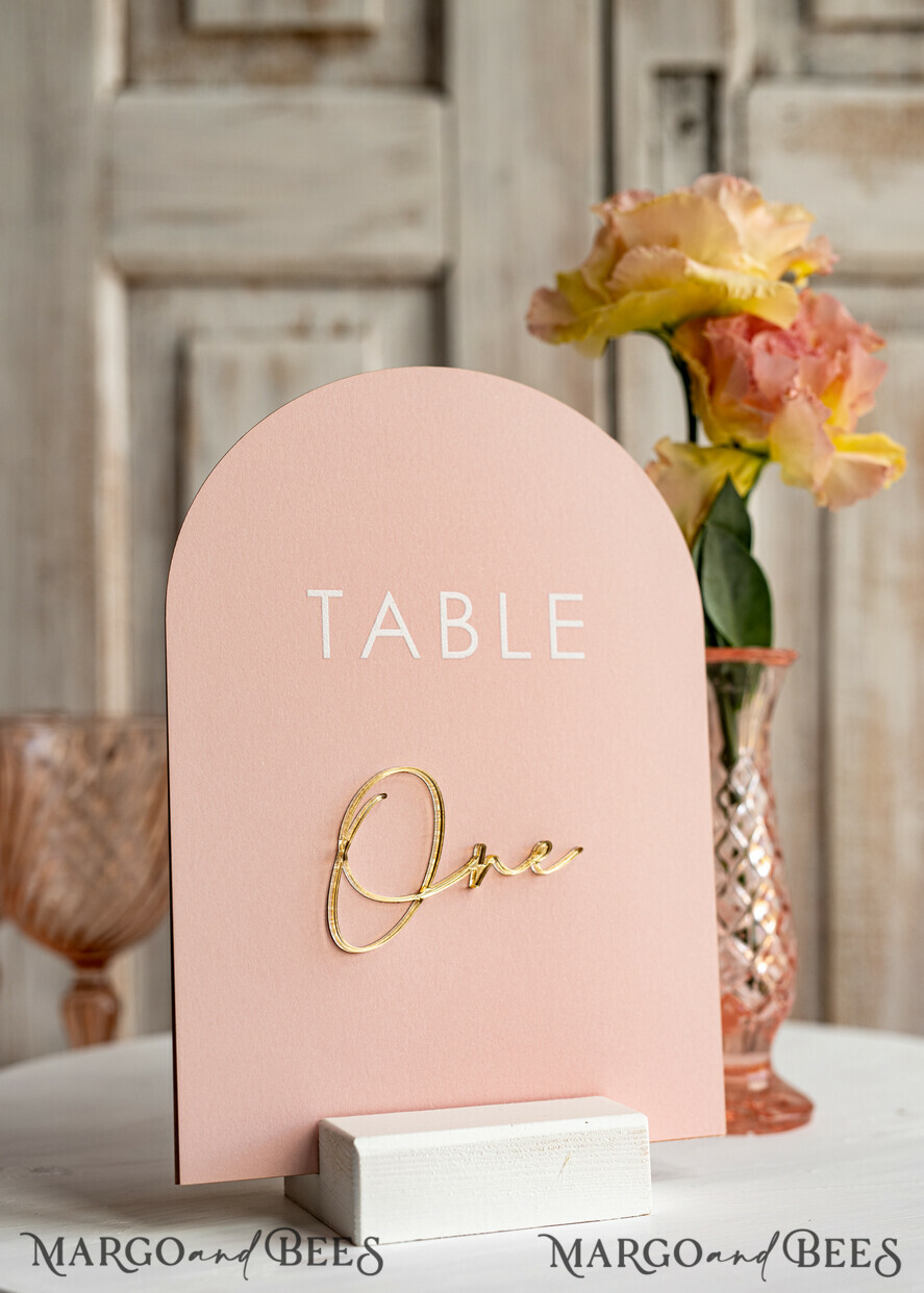 TABLE DECOR SIGNS Velvet table Numbers and Decor Pink Acrylic Table Numbers, Arched Table Numbers With Stand, Blush Pink And Gold Wedding Table Decor, 3D Golden Lettering Table Numbers, Blush Wedding Signage,