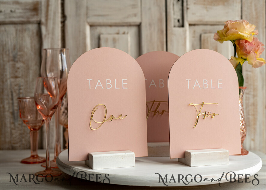 TABLE DECOR SIGNS Velvet table Numbers and Decor Pink Acrylic Table Numbers, Arched Table Numbers With Stand, Blush Pink And Gold Wedding Table Decor, 3D Golden Lettering Table Numbers, Blush Wedding Signage,