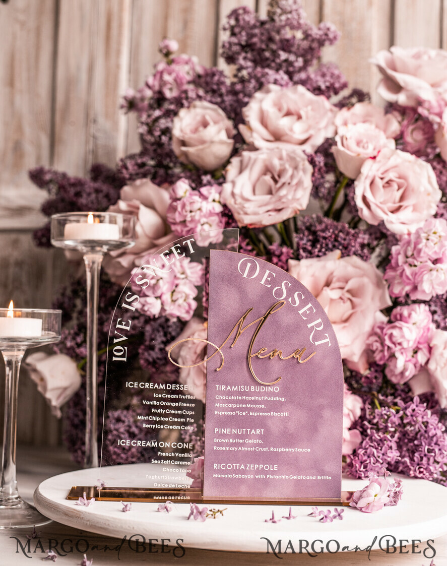 TABLE DECOR SIGNS Velvet table Numbers and Decor Mauve Velvet and Clear Acryl Dessert Menu, Acrylic Half Arch Table Sign and Acrylic Velvet combo, Mauve Velvet Sign, Luxury Wedding Table Sign, MvS